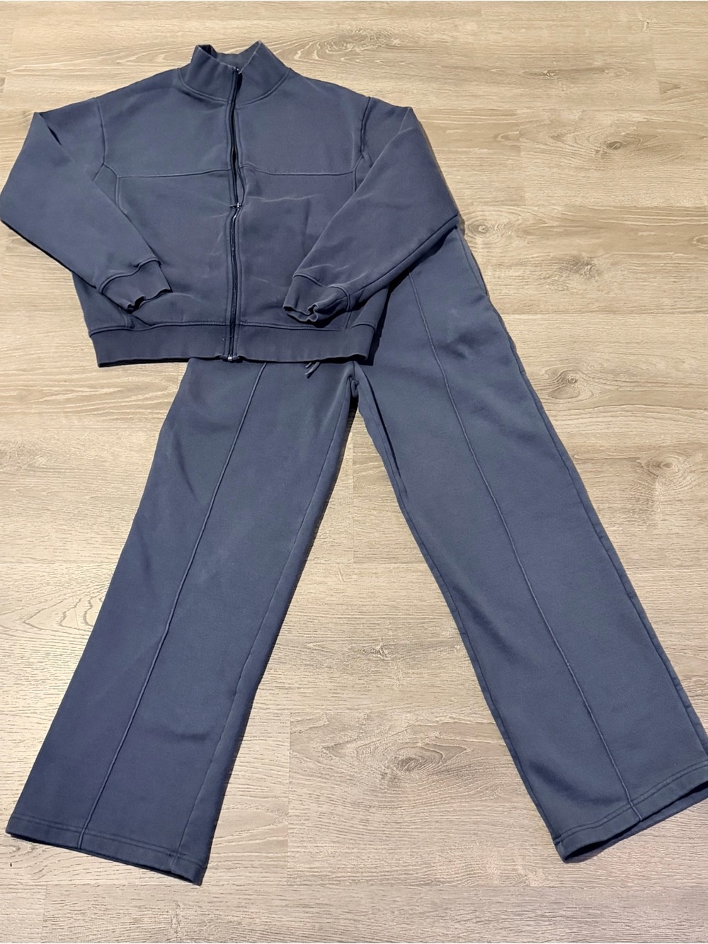 PrettyLittleThing Washed Navy Wide Leg Sweatpants Zip Up Tracksuit Set L